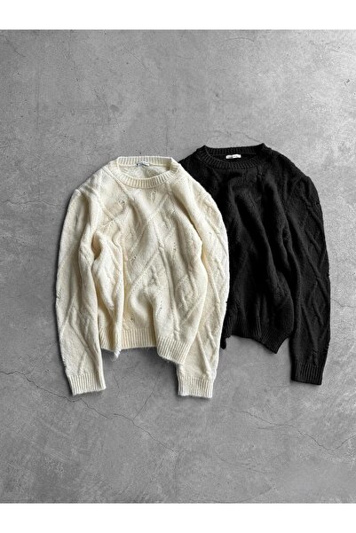 ablukaonline Men's Oversized Patterned Knitwear Sweater Black