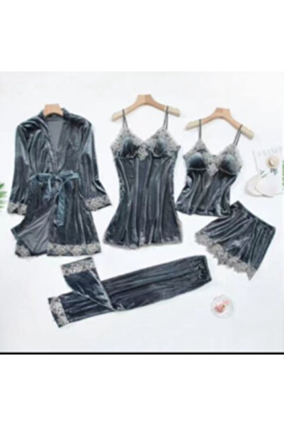 Inovius Γυναικείο σετ πιτζάμας 5 τεμαχίων, βελούδο σε χρώμα πετρόλ γκρι - MEI...