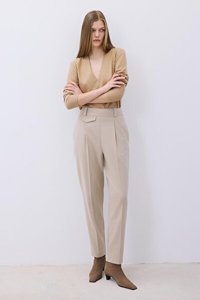 rue Pleated Wool Textured High Waist Beige Trousers