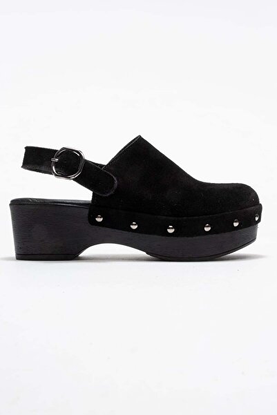 Zeynep Sıradağlı Aliva Women's Leather Clogs Sandals Black Suede