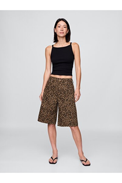GAP Kadın Kahverengi 11" Mid Rise Denim Leopar Longline Şort