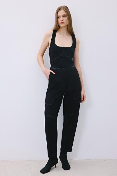 rue Comfortable Fit Black Knitwear Trousers with Faux Leather Detail