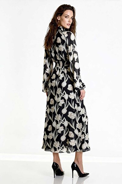 UTOPIAN Desenli Beli Lastikli Uzun Elbise