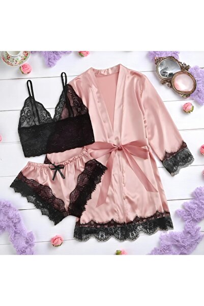 Inovius Set Pijama de Dama 3 Piese din Satin, Culoare Roz Pudra-ANI105 Marimea M