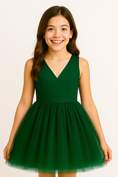 NSMLİFE Girl's Wrap Collar Mini Plain Skirt Puffy Dress