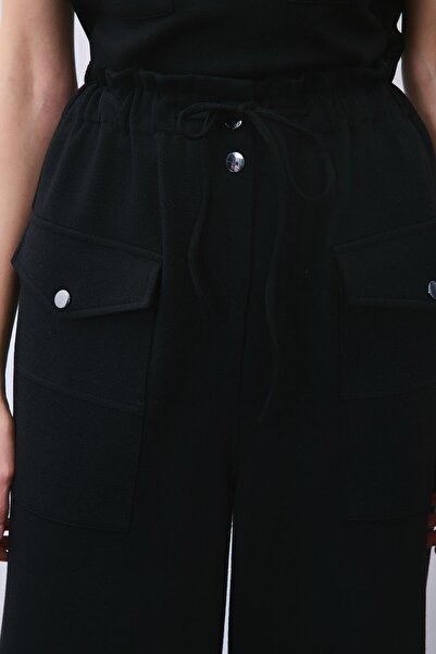 rue Lace-Up Wool Blend Wide Leg Black Trousers