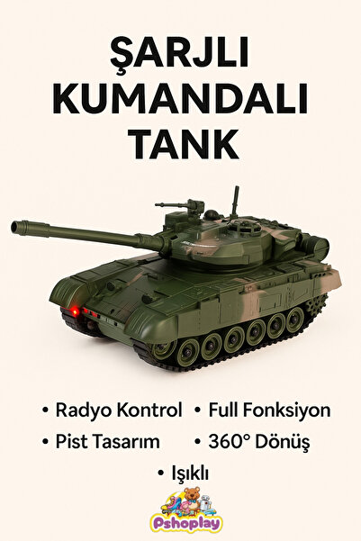 Pshoplay Şarjlı Kumandalı Tank – Işıklı ve 360° Dönen Radyo Kontrollü Araç