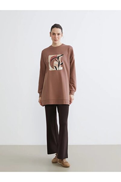 LC Waikiki Lcwaikiki Basicbrown Printed Oversized Women's Sweatshirt Tunic