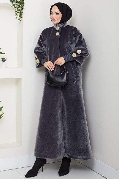 hafsamina Gold Buttoned Full Length Coat Smoked Hm2864