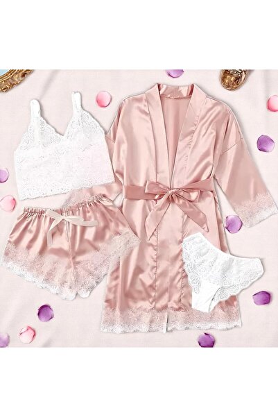 Inovius Γυναικείο σετ πιτζάμας 4 τεμαχίων από σατέν, χρώμα ροζ πούδρα - ANI11...