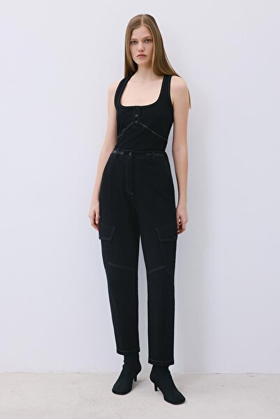 rue Comfortable Fit Black Knitwear Trousers with Faux Leather Detail