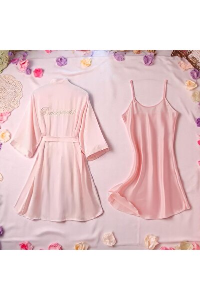 Inovius Compleu 2 Piese Dama, Halat si camasa de Noapte din Satin, Culoare Ro...