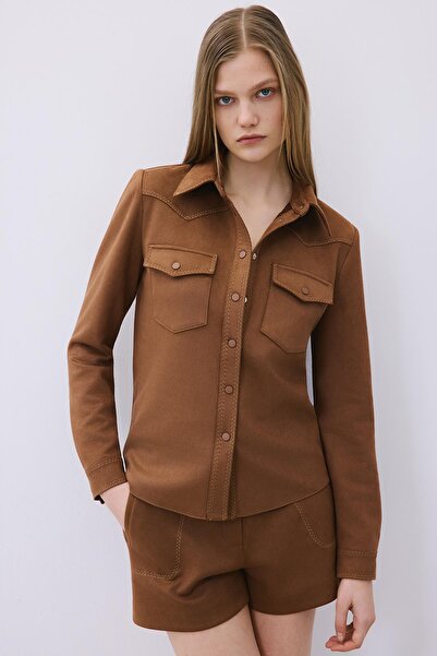 rue Contrast Stitching Pack Suede Brown Shirts