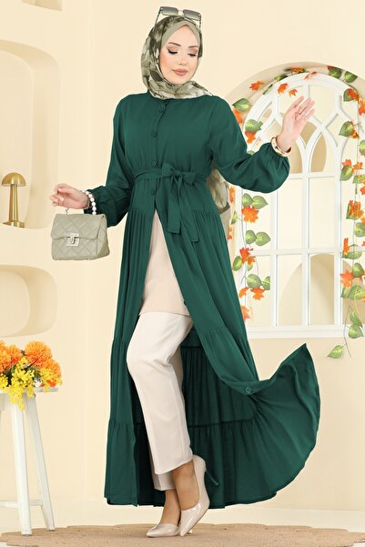 ModaMerve Önden Düğmeli Viskon Elbise 1124ERK1158-MS Zümrüt