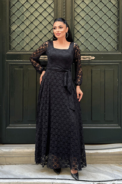 giyimmasalı Lace Fabric Square Neck Dress - Black