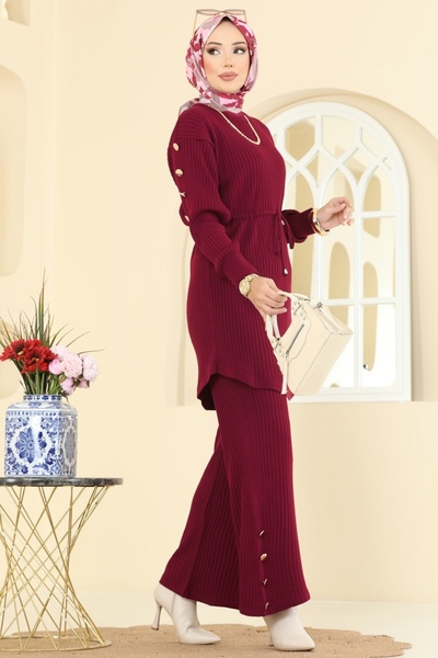 ModaMerve Beli Bağcıklı Triko Takım 2746AYD574-MS Bordo