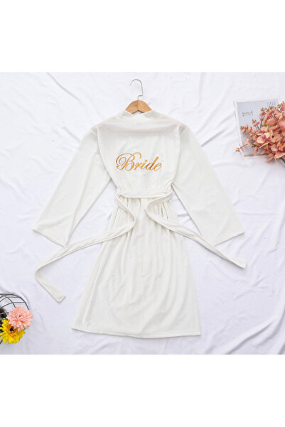 Inovius Halat Mireasa din Catifea, Brodat â€Brideâ€, Alb Marimea M