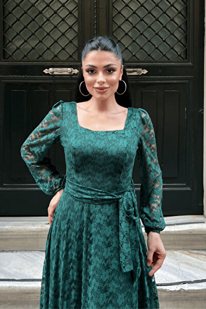 giyimmasalı Lace Fabric Square Neck Dress - Emerald Green