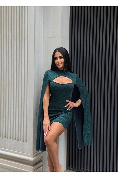 sajarsln Imported Glitter Fabric L Stretch Fabric Lined Shoulder V Shoulder Pad Sleeve Detailed Low-Cut Mini Dress