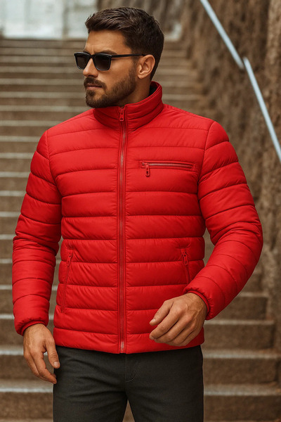 comstar Men's Winter Basic Mock Neck Zippered Red Puffer Jacket