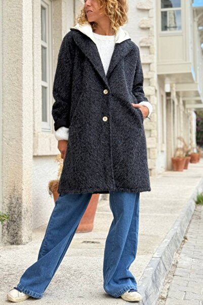 Güneşkızı Black Hooded Button Pocketed Cashmere Woven Coat 99 55