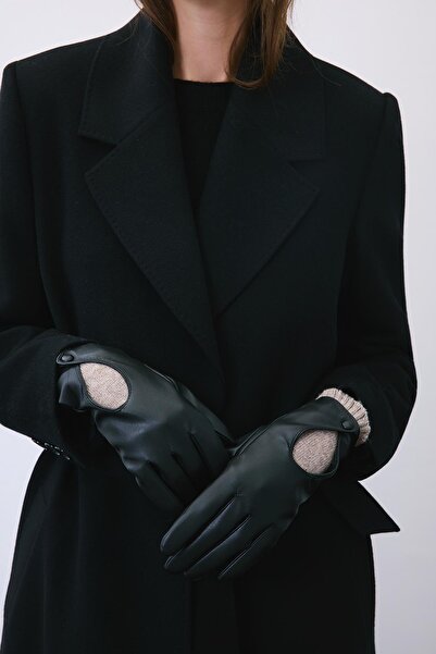 rue Faux Leather Textured Black Gloves