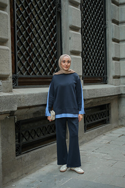 LOCCO Women's Shirt Detail Two-Piece Set Navy Blue