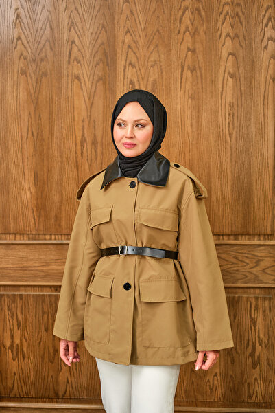 LOCCO Γυναικείο κοντό μπουφάν με δερμάτινη ζώνη στο λαιμό καφέ