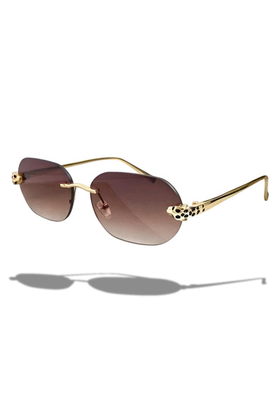 MECKSA Gold Tea-Brown Metal-Edged Frameless Rectangular Fashion Glasses - Cheetah Design