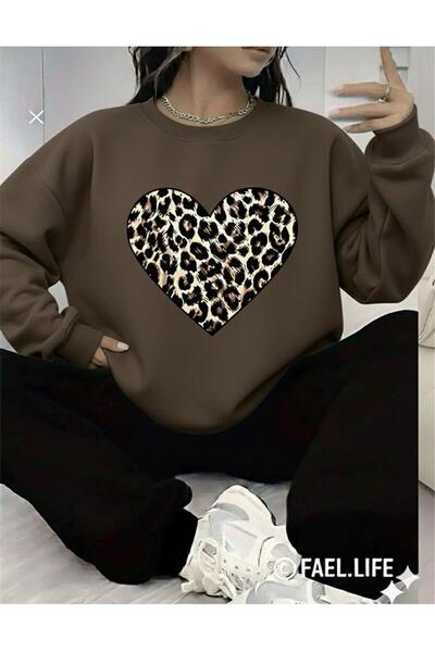 FAEL LİFE Leopard Pattern Heart Printed Crew Neck Oversized Bottom Top Set