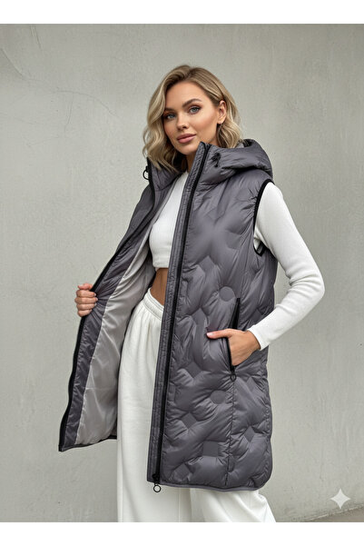 Sibel Günay Butik Women's Hooded Sleeveless Long Anthracite Gray Puffer Coat | Zippered Pocket Detail - Fiber Filled -85 cm
