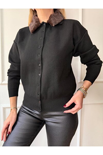 Size Özgü Siyah Kürk Yakalı Hırka