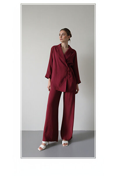 My Blog Burgundy Collar Detailed Tie Kimono Set - 8459