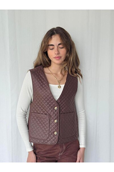 Retrobird Design Front Buttoned Quilted Vest Women's Brown