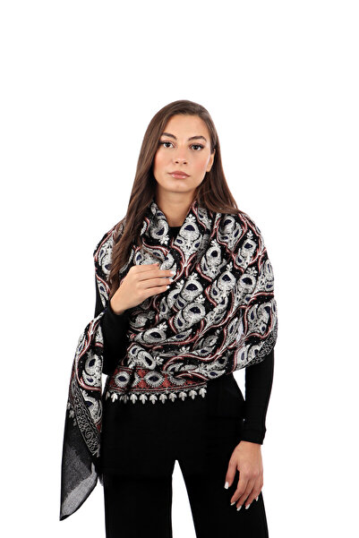 Bursa İpek Black Chestnut Stone Embroidered Wool Silk Shawl