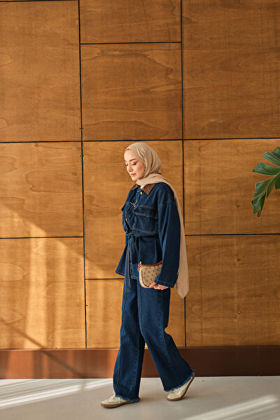 LOCCO Women's Waist-Tie Denim Suit Blue