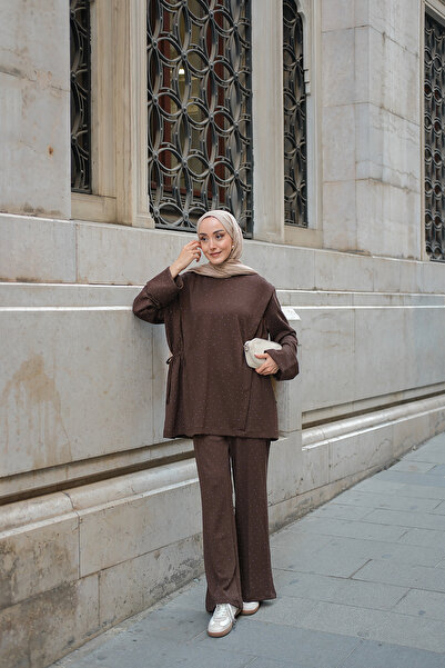 LOCCO Women's Stone Detail Elastic Waist Suit Brown