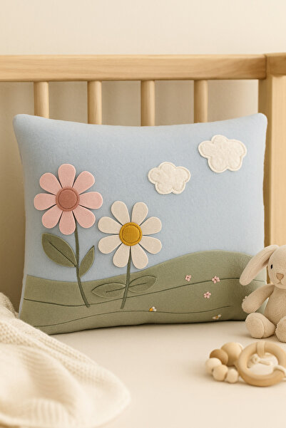 Nari Collections Daisy Patterned Felt Applique Baby Pillow – 35X30 cm Soft Pa...