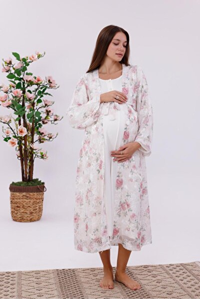 Lohusa Homewear Kadın Pudra Tasarım Çiçek Desenli Şık Lohusa Hamile Sabahlık ...