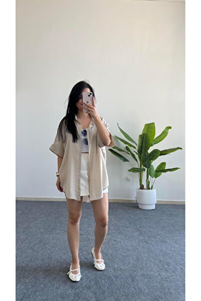 Pera Asimetrik Kesim Keten Gömlek - Taş