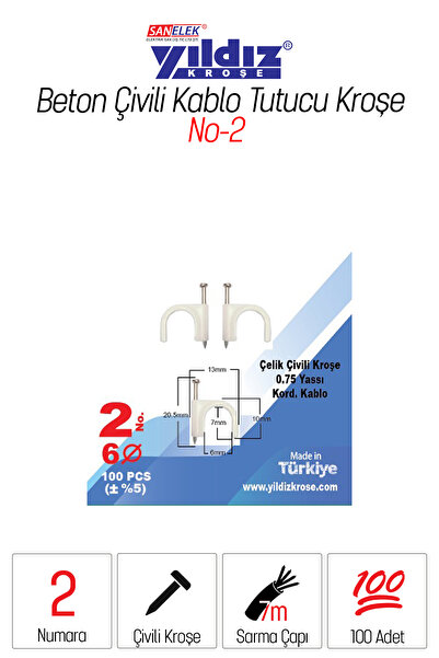 YILDIZ Beton Çivili Kablo Tutucu Kroşe - No 2 - 100 Adet - Uydu Anten Data Cc...