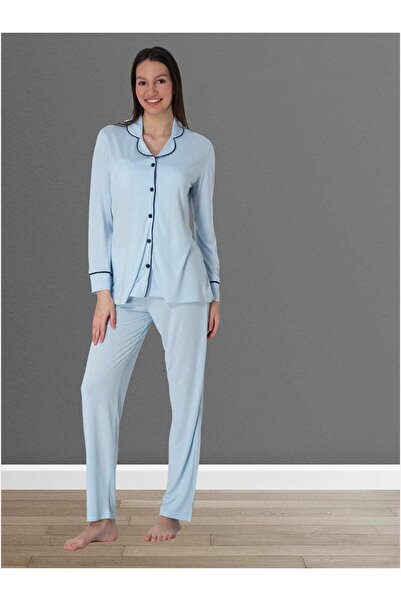 Lohusa Homewear Γυναικείο Σετ Πιτζάμες Εγκυμοσύνης με Μπλε Σχέδιο, Κομψό Μακρ...