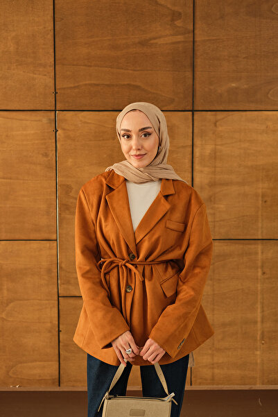 LOCCO Γυναικείο μπλέιζερ με κορδόνι στη μέση, σουέτ μπουφάν καφέ