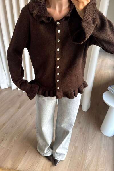 Sue Store Bitter Brown Ruffle Detailed Cardigan