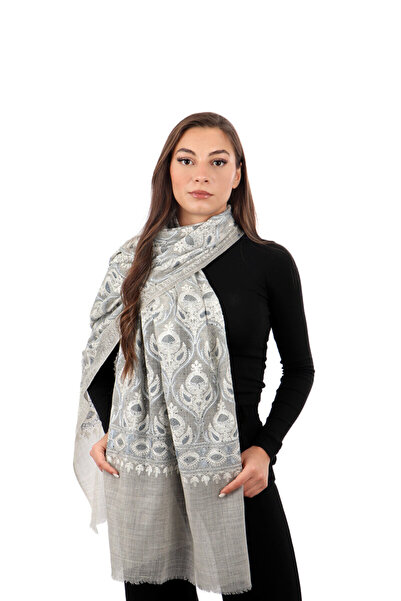 Bursa İpek Тъмносив шал от вълна и коприна с камъни