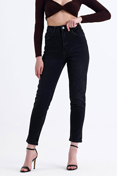 Denim Republic بنطال جينز نسائي عالي الخصر باللون الأسود قماش قابل للتمدد