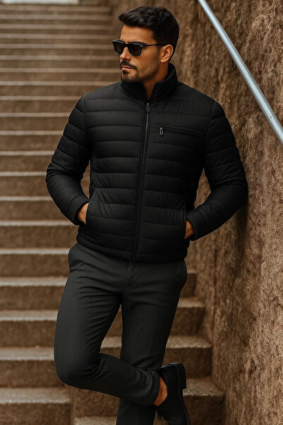 comstar Men's Winter Basic Mock Neck Zippered Black Puffer Jacket