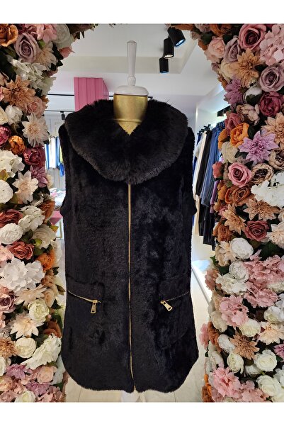 Qastel angora kürk yelek siyah kadın
