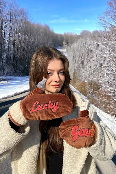 BeSa Accessories Kahverengi Renk Boyundan Askılı Peluş Eldiven