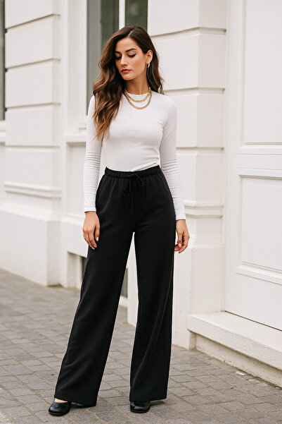 Rich Women's Black High Waist Elastic Wide Leg Trousers-Multicolour 06